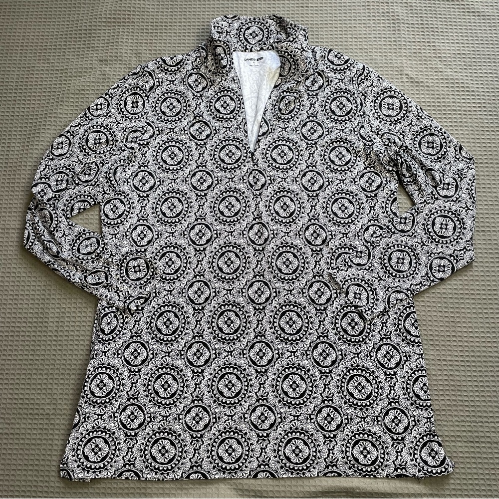 Lands End Rash Guard Swim Tunic Cover Up Shirt XL 18 Womens 1/4 Zip Black White